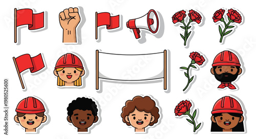Flat vector sticker pack for Labor Day, May Day, or worker protest with diverse people, flags, roses, and union
