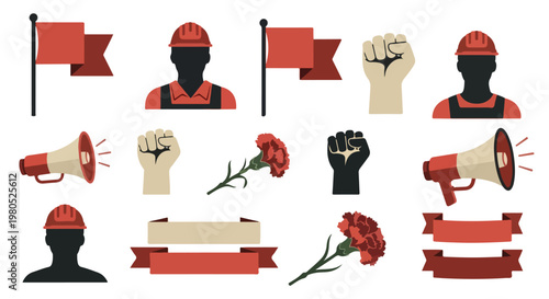 Flat vector sticker pack for Labor Day, Workers Day, and May Day protests with union and solidarity themes
