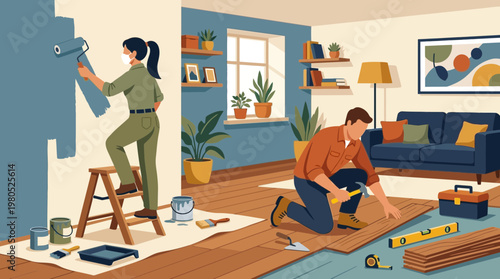 Couple Renovating Living Room with Painting and Flooring Illustration
