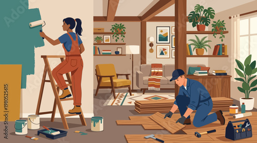 Couple Renovating New Home with Painting and Wood Floor Illustration