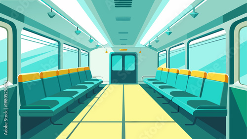 Modern subway train interior with bright lighting and empty seats