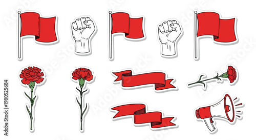 Flat vector sticker pack for Labor Day, May Day, and worker protests with symbols of solidarity and union activism