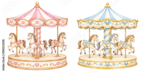 A charming watercolor collection of pastel carousel horses, featuring two ornate merry-go-round designs in soft pink and blue with delicate golden details and whimsical fairground style.