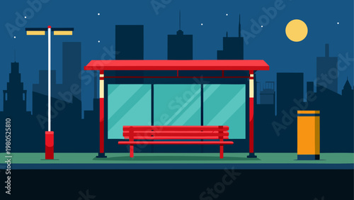 Bus stop shelter with glass panels at night under a full moon