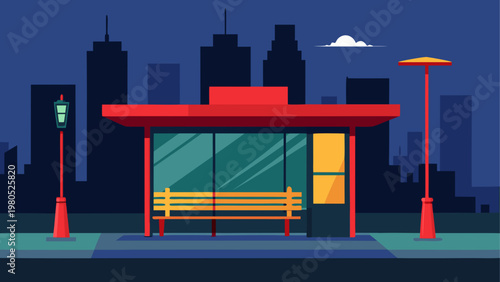 Bus stop shelter with bench at night in a cityscape