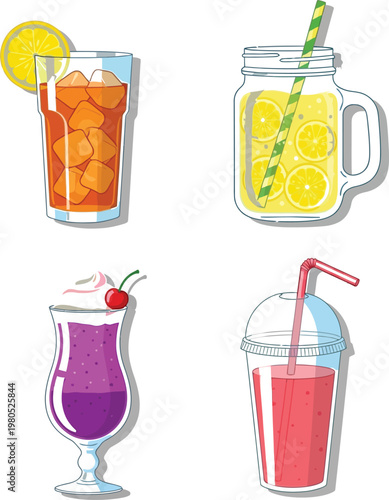 Colorful Refreshing Summer Drinks Set with Iced Tea Lemonade and Smoothies Illustration