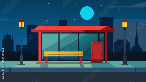 Bus stop shelter with red seating at night under a full moon
