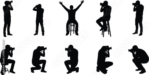 Photographer silhouettes collection capturing images in various poses with camera, professional photography action set isolated on white background, creative media lifestyle concept