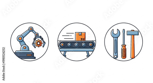 Industrial automation icons robot arm conveyor belt tools.