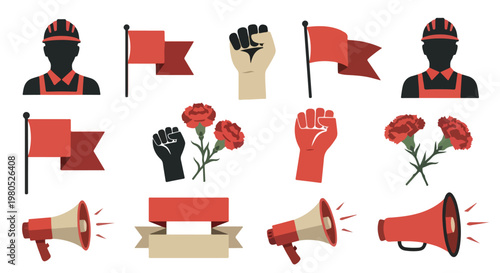 Labor Day worker protest icons with union flags, megaphones and roses in flat vector style for sticker pack