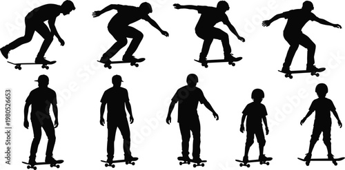 Skateboarder silhouettes performing tricks and standing poses set isolated on white background, dynamic skateboarding action collection, urban sport lifestyle illustration, extreme sports motion 