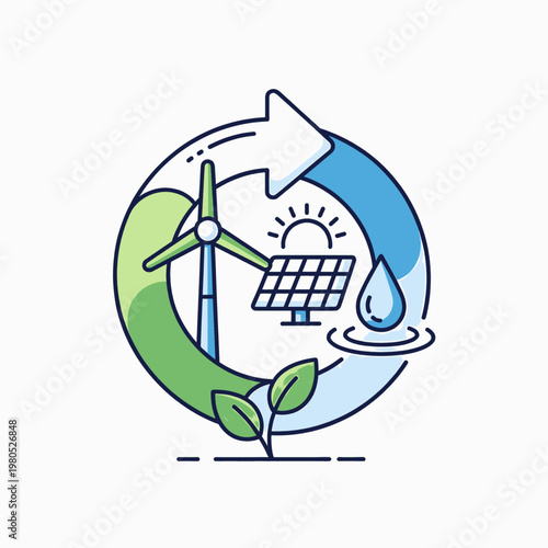 Sustainable energy cycle with wind turbine, solar panel, and water droplet, illustrating renewable resource management for a greener planet