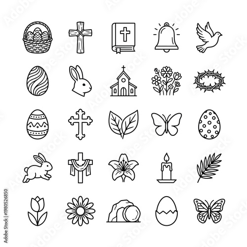 A collection of religious and spring-themed line icons, including Easter eggs, bunnies, crosses, churches, flowers, and doves for holiday celebrations and religious observances