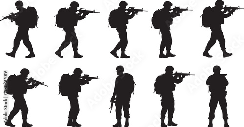 Set of military soldier silhouettes with weapons, walking and aiming poses, black vector illustration