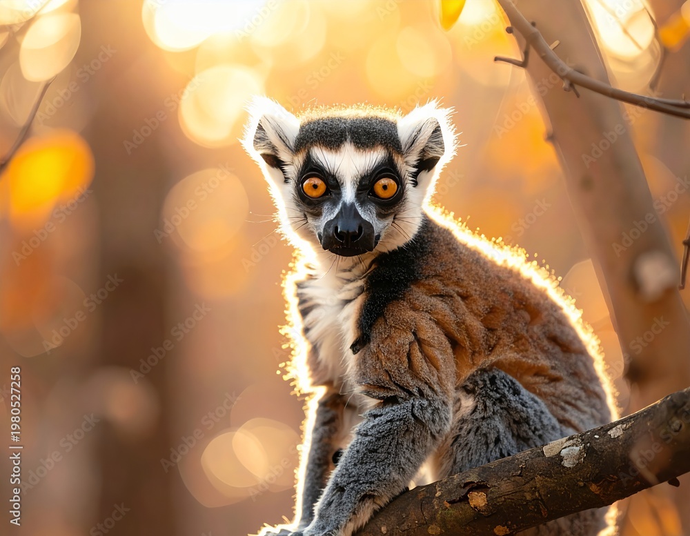 Fototapeta premium Ring-tailed lemur portrait in Madagascar forest at sunset.