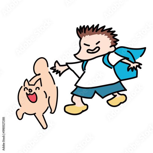 ランドセル開けっ放しで登校するいたずらっこの小学生といぬ