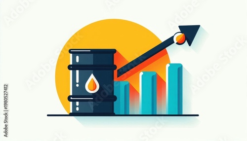 An oil tank with a bar graph showing the trend and an upward-pointing arrow. The oil price is represented by an icon showing an increasing trend. All on a white background. Illustration