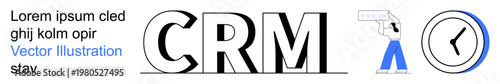 Business solutions, customer relationship management, time tracking, automation, workflow optimization, software tools. Bold CRM text with styled clock and worker graphic. Business and CRM concept
