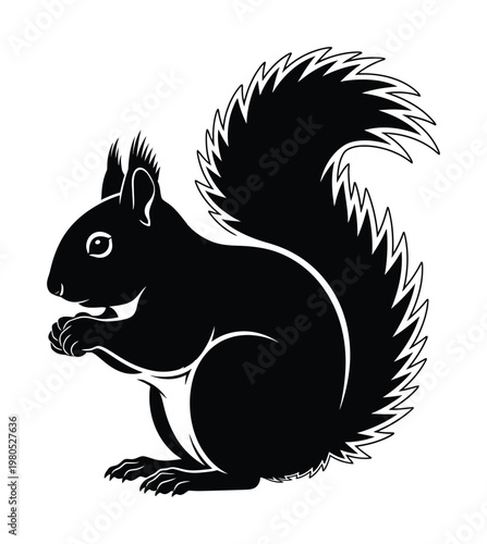 This vector features a black silhouette of a squirrel holding a nut with a bushy tail
