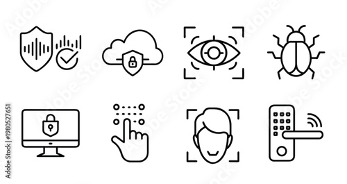Cyber security and access control line icons set featuring biometric face recognition eye scan cloud protection and smart lock vector illustration with editable stroke.