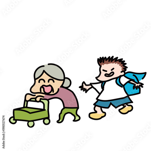 ランドセル開けっ放しで登校するいたずらっこの小学生とおばあちゃん