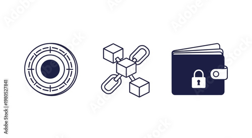 Cryptocurrency wallet, blockchain technology and digital coin icons