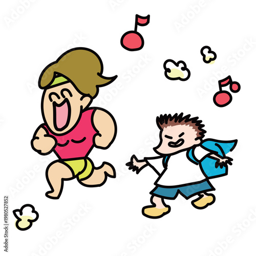 ランドセル開けっ放しで登校するいたずらっこの小学生とマッチョの友だち