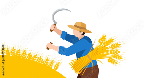 Man holding wheat and sickle.
