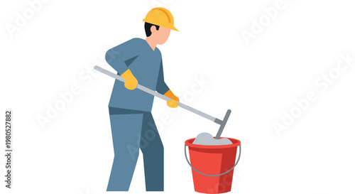 Man in blue uniform cleaning.