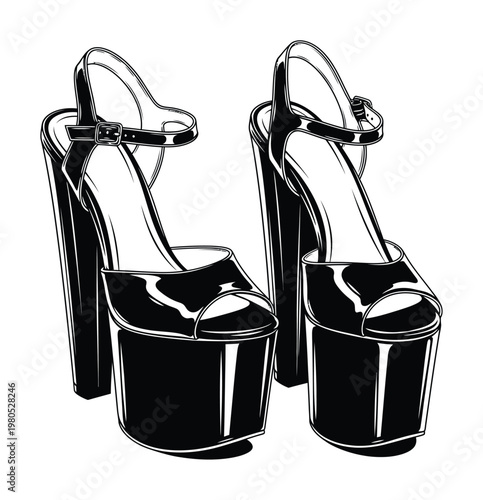 Vector of high-heeled platform shoes with thick soles and ankle straps