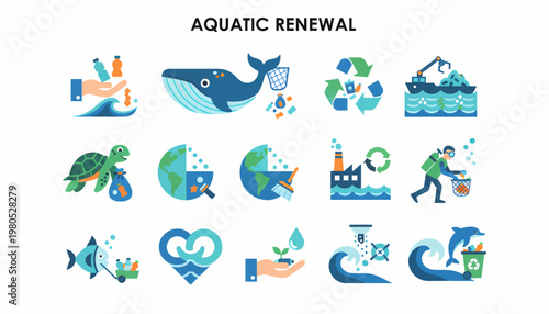 Environmental Protection Icons: Ocean Cleanup, Recycling, Conservation