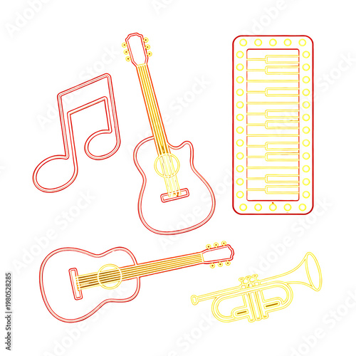 Glowing Red Neon Music Signs with Instruments