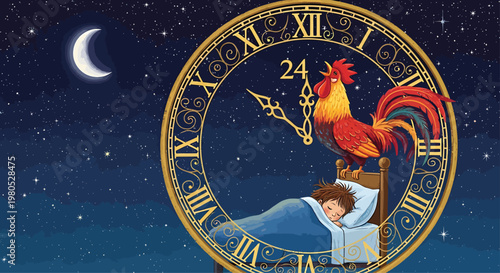 Rooster Crow Alarm Clock Rooster Sleeping on Bed in Clock Face at Night