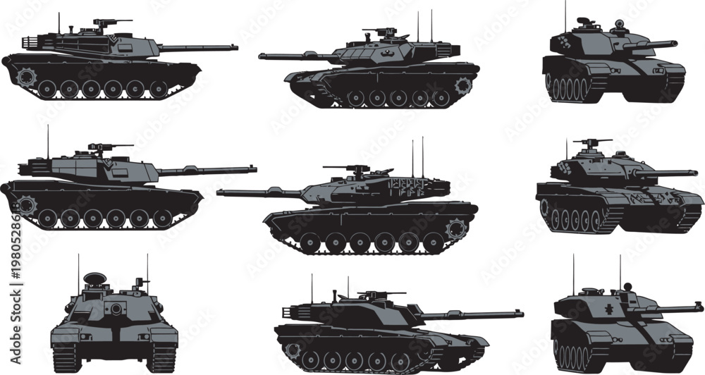 Obraz premium Set collection of military tank silhouettes in various models and angles vector illustration