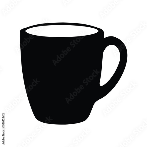 Minimalist illustration of a sleek black coffee mug on a white background