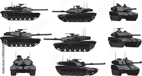 Set collection of military tank silhouettes in various models and angles vector illustration