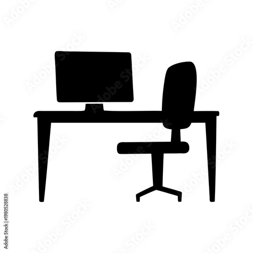 Black and white silhouette of a desk, computer, and chair setup