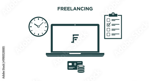 Freelancing concept: laptop, clock, checklist, credit card, coins, remote work