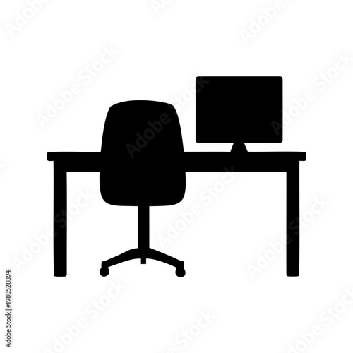 Black office desk with computer and chair silhouette on white background