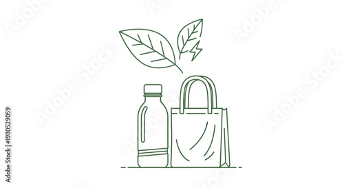 Eco-friendly shopping bag and reusable bottle with leaves icon, sustainable lifestyle concept