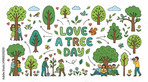 Love A Tree Day Illustration: People Planting, Hugging Trees
