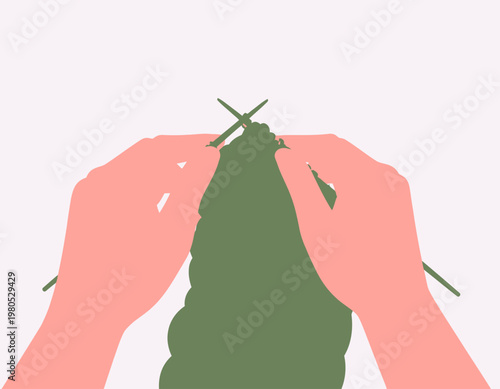 Close up of hands knitting with green wool and needles. Traditional handicraft and creative hobby concept. Flat vector illustration.