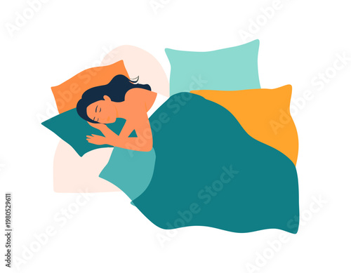 A peaceful illustration of a woman sleeping soundly in a comfortable bed with colorful pillows and a teal blanket.