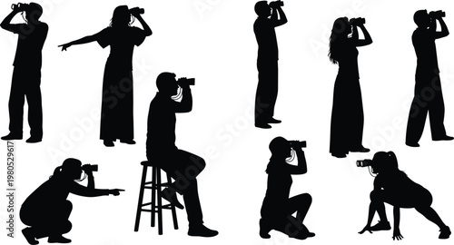 Collection of Black Silhouettes Featuring Men and Women Using Binoculars for Bird Watching Scouting and Observation Isolated on White Background for Discovery and Travel Designs
