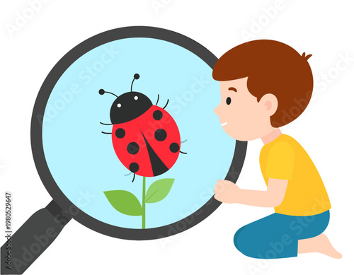 Young boy observing a red ladybug on a green plant with a large magnifying glass, exploring nature.