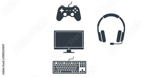 Gaming Setup Icons: Computer, Keyboard, Controller, Headphones - White Background
