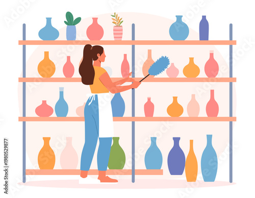 Woman dusting and arranging ceramic vases in a stylish home interior. Housekeeping, decor, and maintenance concept. Flat vector illustration.