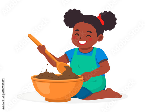 Happy child mixing ingredients in a large bowl in the kitchen. Cooking class, childhood hobby, and learning concept. Flat vector illustration.