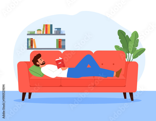 Man lying comfortably on a red sofa and reading a book in a living room. Relaxation, leisure, and home lifestyle concept. Flat vector illustration.