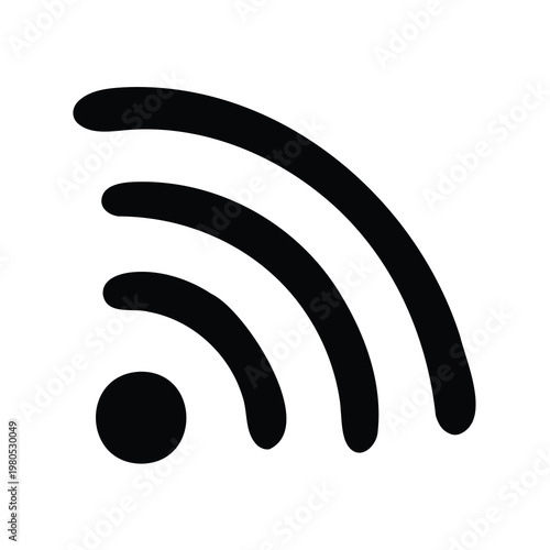 A simple depiction of a black wifi signal on a white background